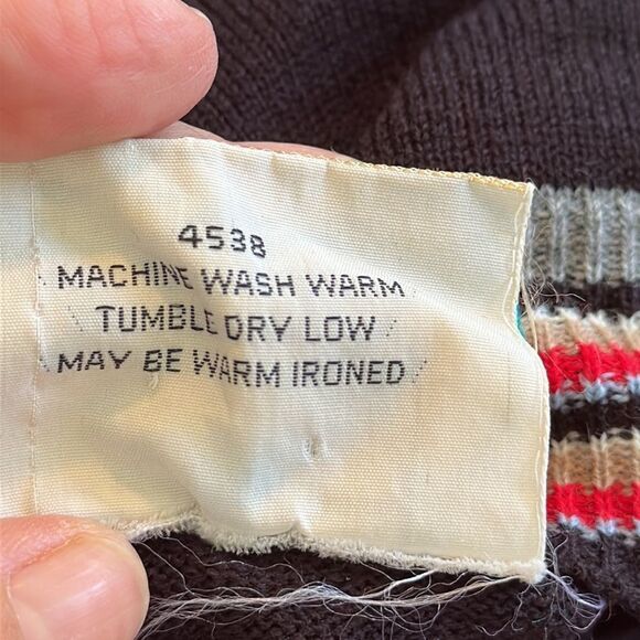 Vintage 70s Kmart striped black, red, gray & tan cream acrylic sweater with hood - Picture 8 of 9